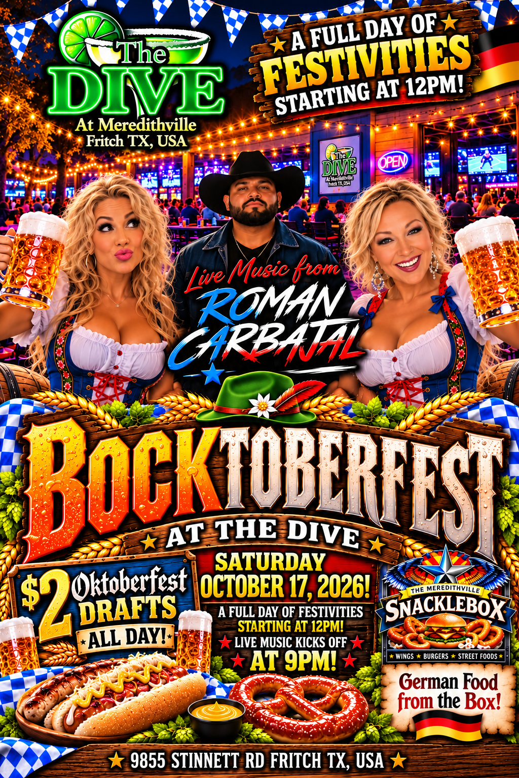 Bocktoberfest event flyer: Saturday October 17, 2026; festivities start noon; Roman Carbajal live at 9 PM; $2 Oktoberfest drafts all day; German food from the Snacklebox; 9855 Stinnett Road, Fritch